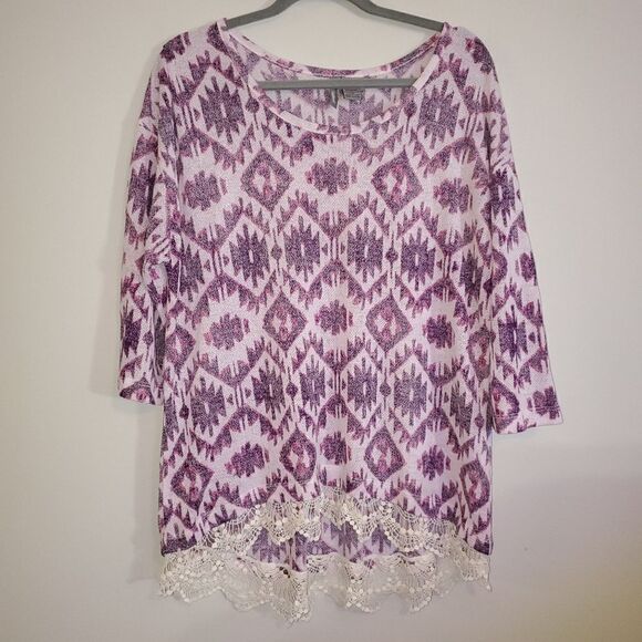 NEW DIRECTIONS WEEDEND PINK PURPLE AZTEC PRINT AND LACE TOP SIZE 2X - Picture 1 of 5